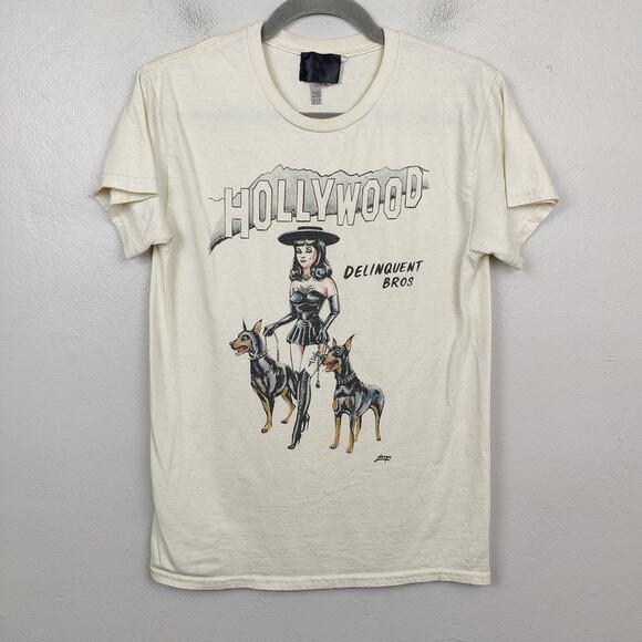 Delinquent Bros T-Shirt Mens Small Cream‎ Dominatrix Graphic Tee Hollywood Crew - Picture 1 of 9